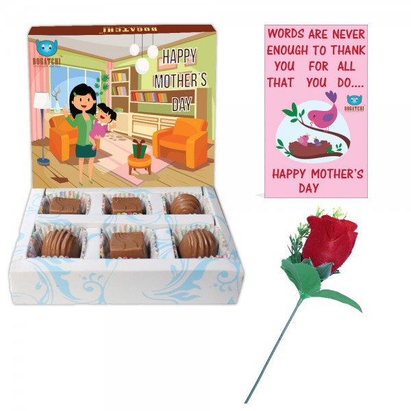 Mothers Day Gift for mom - Special Chocolate Box, 6 pcs + Free Rose + Free Mother's Day Card